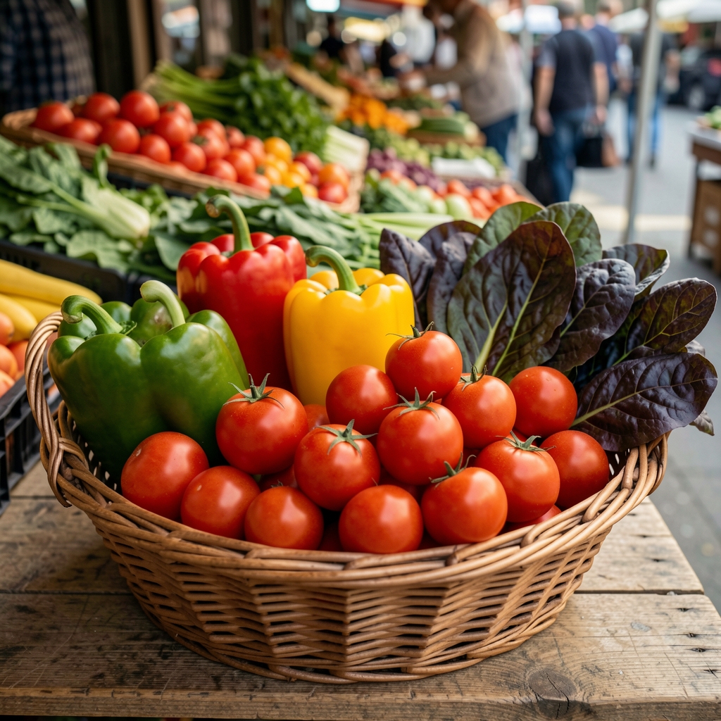 Basket of colourful fresh vegetables from a Bucharest local market including peppers, tomatoes, and dark leafy greens on a wooden surface