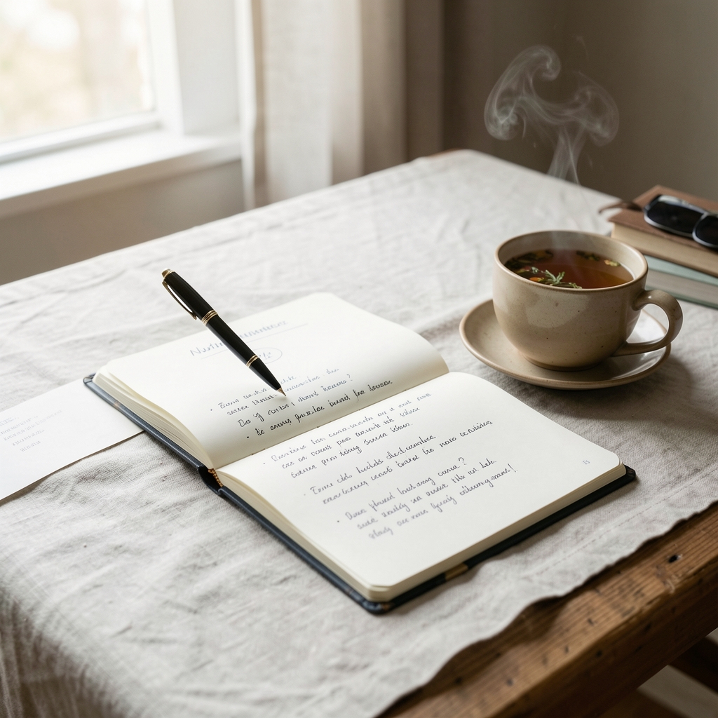 Nutritionist writing detailed handwritten session notes with a steaming cup of herbal tea beside an open food diary on a linen desk