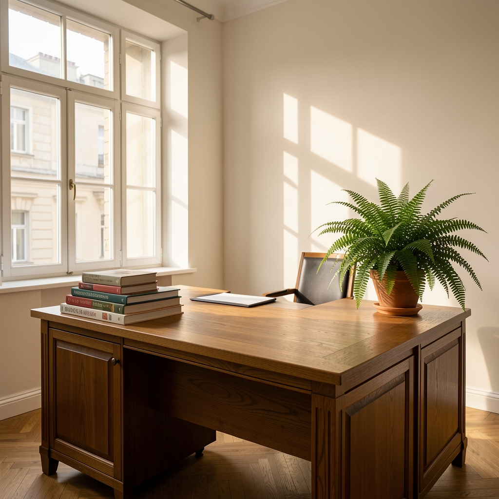 Sunlit consultation room in Bucharest with a large wooden desk, stacks of food reference books, a potted fern, and morning light through a sash window