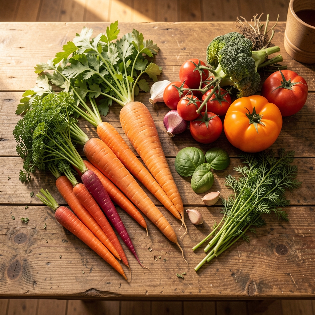 Vibrant seasonal vegetables and fresh herbs arranged on a worn wooden kitchen table in warm natural light, overhead view