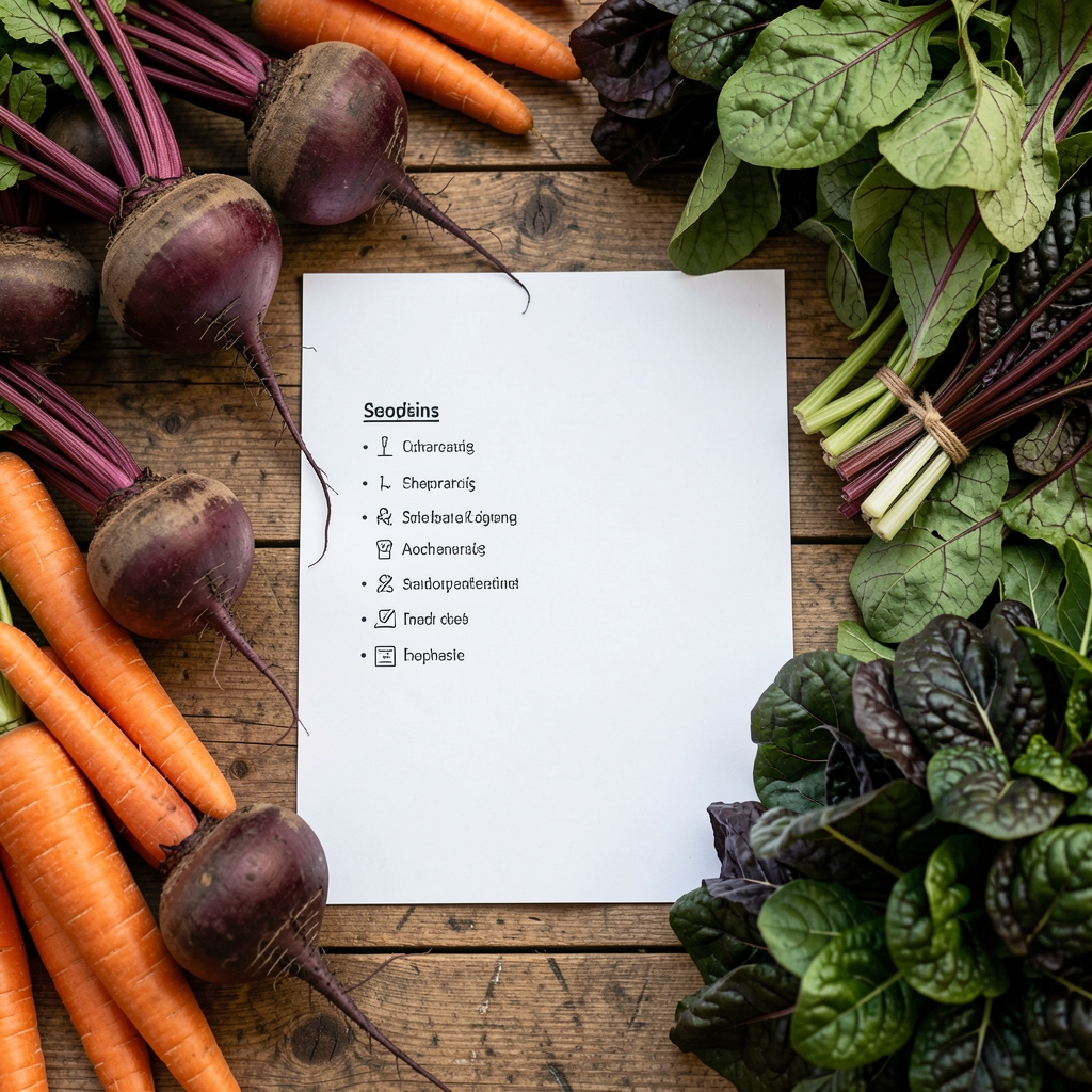 Overhead view of a revised seasonal shopping list on paper beside fresh vegetables from a Bucharest market including beets, carrots, and dark greens