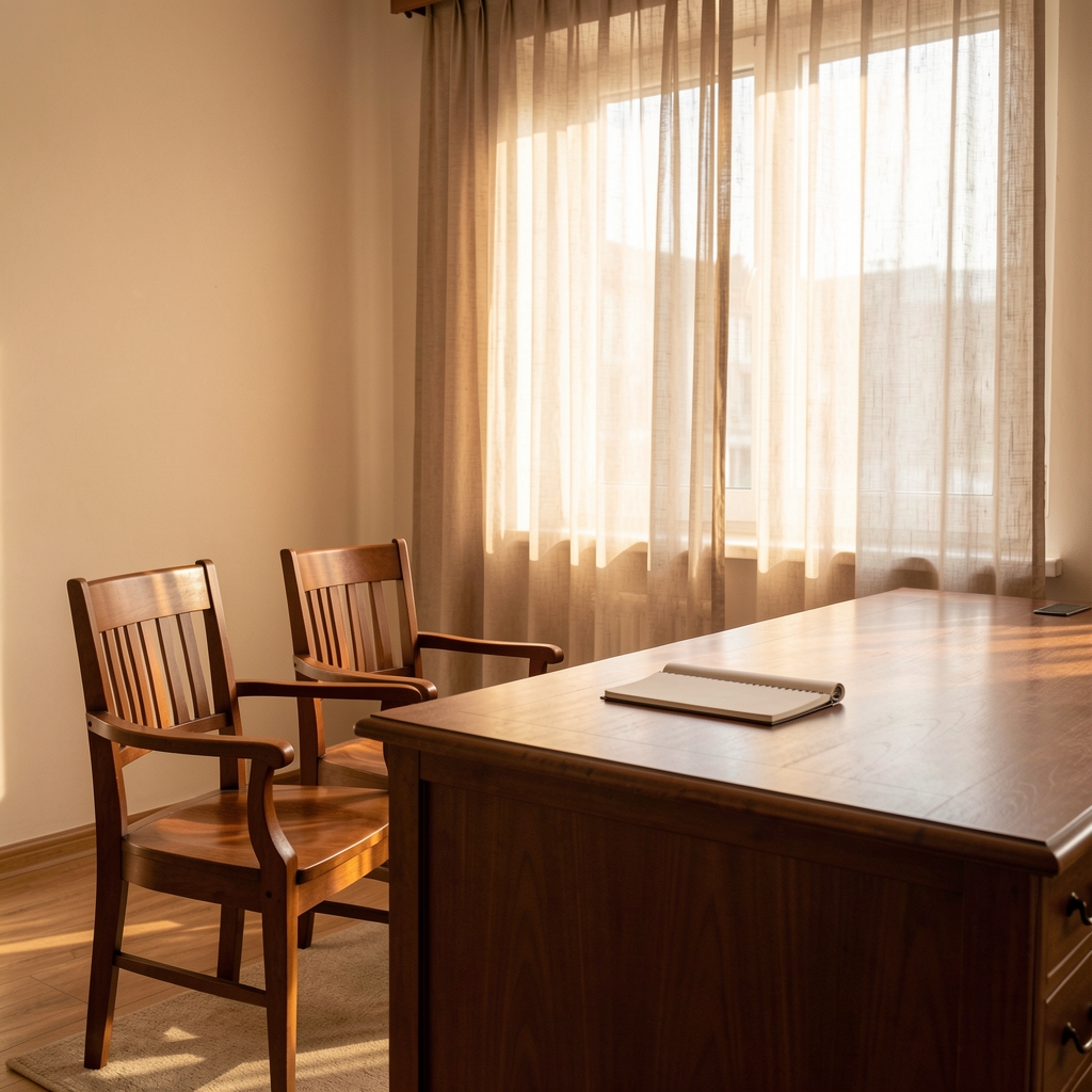 Empty consultation room with two wooden chairs, a large desk, a notepad, and warm afternoon light filtering through linen curtains in a Bucharest interior